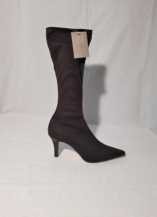 Замшеві (штучні) чоботи-панчохи з гострим носком на середньому каблуку/ сапоги-чулки