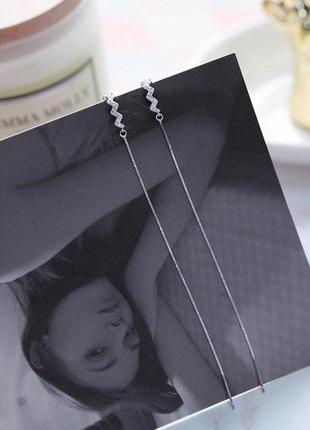 Серьги-протяжки + кафф на хрящик с камнями, длинные сережки висюльки 10см, серебряное покрытие 925 пробы2 фото
