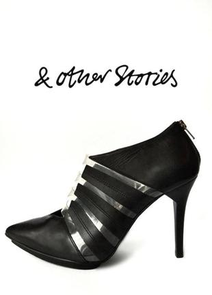 ◼️шкіряні чорні туфлі з гострим носом та прозорими вставками, на каблуці, шкіряні туфлі & other stories