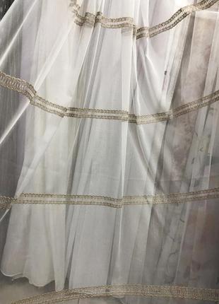 Тюль бамбук белого цвета с золотистой полоской