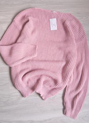 Нежный розовый удлинённый базовый тёплый свитер