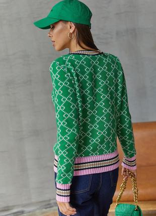 Разные цвета! стильный вязаный натуральный хлопковый котоновый свитер с узором в виде монограммы зелёный3 фото