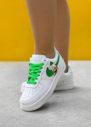 Nike air force simpsons custom женские кастомные белые эксклюзивные кроссовки неон клоун красти симпсоны жіночі білі кастомні кросівки3 фото