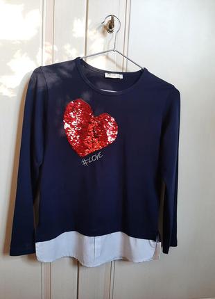 Трикотажна темно-синя блуза з реверсними паєтками на дівчинку