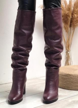 Шикарные сапоги ботфорты из натуральной итальянской кожи бордо флотар, на среднем каблуке 8см