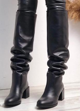 Шикарные ботфорты сапоги кожаные на низком каблуке 6см из натуральной итальянской кожи