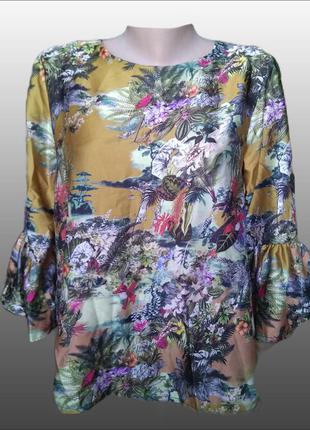 Вільна блуза з рукавами 3/4 з воланами/тропічний квітковий принт2 фото