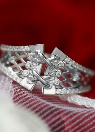 Витончене сріблясте кільце кільце для нареченої з шнурівкою під срібло та безліччю стразиків секрет2 фото