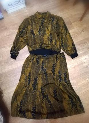 Костюм винтажный женский осень юбка винтаж миди кофта с рукавом блуза винтажный женская юбка меди кофта блуза коричневый черный змеиный принт1 фото