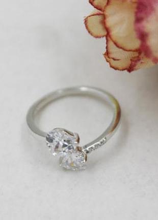 Кільце два серця з великих каменів, срібне покриття 925 проби