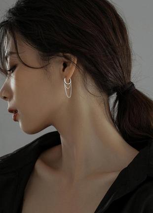 Сережки кільця з двома ланцюжками, довгі сережки, срібне покриття 925 проби