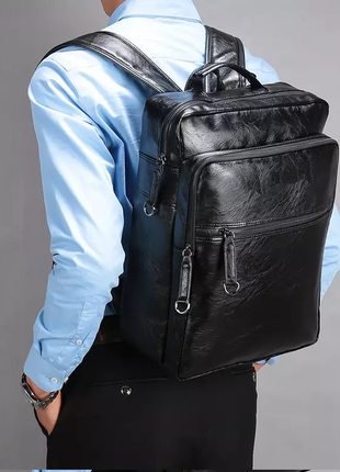 Мужской кожаный черный городской рюкзак портфель ранець сумка для ноутбука