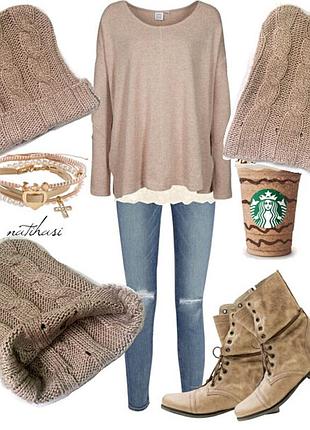 Стильная шапка - bini с отворотам .цвет nude