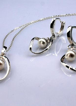 Комплект срібний сережки кулон перли2 фото