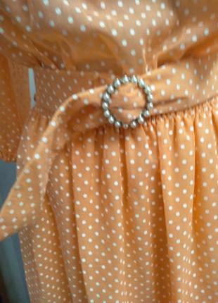 Винтажное персиковое  платье миди в горох рукав фонарик4 фото