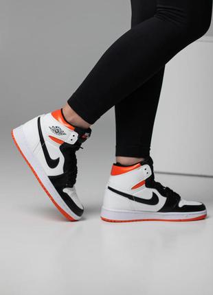 Мужские высокие черно-белые с оранжевым кожанные кроссовки nike air jordan 1🆕найк аир джордан🆕