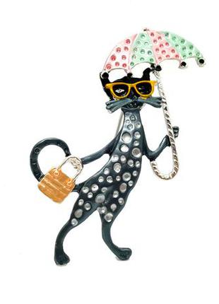 Милая брошь-кулон "серый котик в очках и под зонтиком" эмаль кошка котенок брошка