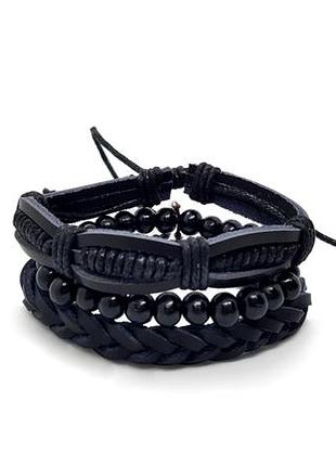 🐼🎍 набор черных мужских браслетов-фенечек 3 шт эко-кожа и дерево