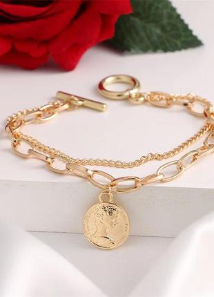 Двойной браслет с медальоном в стиле панк, стильный браслетик золото