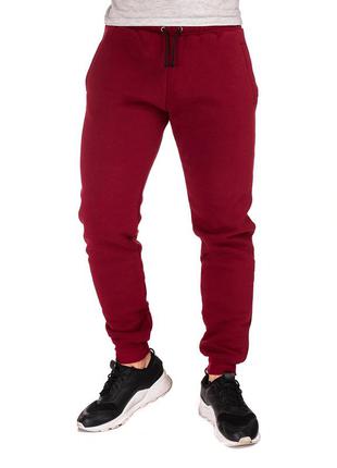 Теплые мужские бордовые спортивные штаны на флисе трикотажные хлопковые с начесом сезона осень-зима1 фото