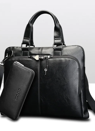 Мужской кожаный деловой офисный кожаный портфель сумка для документов с клатчем в подарок