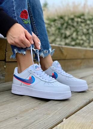Женские белые с синим кожаные кроссовки nike air force 1 double swoosh🆕найк аир форс🆕