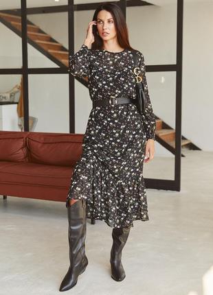 Стильное легкое шифоновое платье в цветочный принт чёрное с длинным рукавом миди ниже колен длинное2 фото