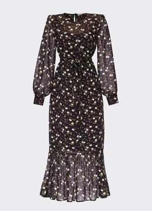 Стильное легкое шифоновое платье в цветочный принт чёрное с длинным рукавом миди ниже колен длинное4 фото