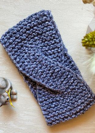 Тёплая вязаная повязка на голову в цвете «серый меланж»