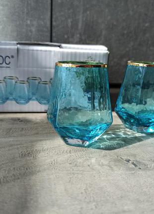 Набор стаканов рюмок голубое стекло грань2 фото
