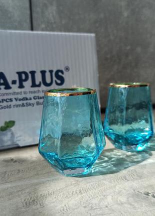 Набор стаканов рюмок голубое стекло грань