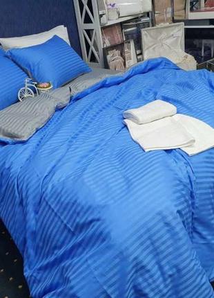 Постільна білизна  / комплект постельного белья из страйп сатина, синий + серый, 100% хлопок2 фото