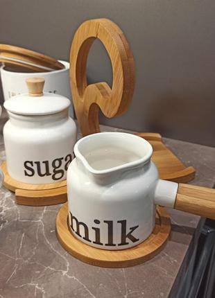 Набор керамика бамбук баночки для молока и сахара1 фото