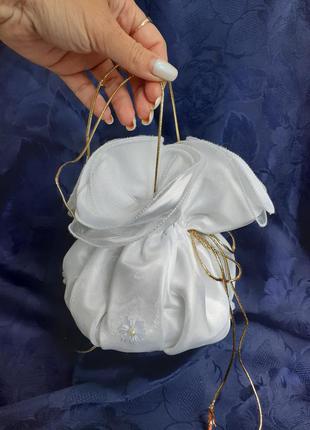 Сумка кисет атласная свадебная сумочка для невесты клатч атласный на золотистом шнурке10 фото