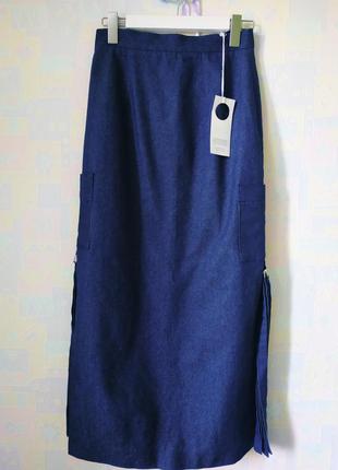 Дизайнерская подиумная джинсовая длинная юбка необработанный сырой деним индиго коттон новая leah williams ленты завязки макси карманы