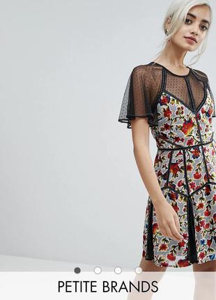 Бархатное платье мини с цветочным принтом и сеткой в горошек frock and frill2 фото