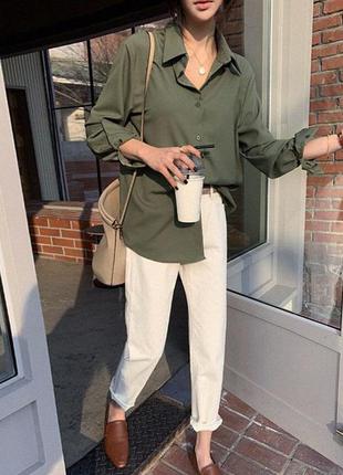 Удлинённая рубашка  цвета хаки с карманами м-л