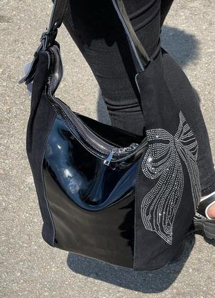 Женская сумка замшевая сумка со стразами черная8 фото