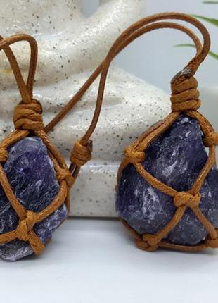 💎✨ хит! плетеный кулон-сеточка в стиле макраме на шнурке с натуральным камнем аметист5 фото