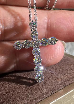 Подвеска крест в кристаллах серебо 925 покрытие крестик и цепочка9 фото