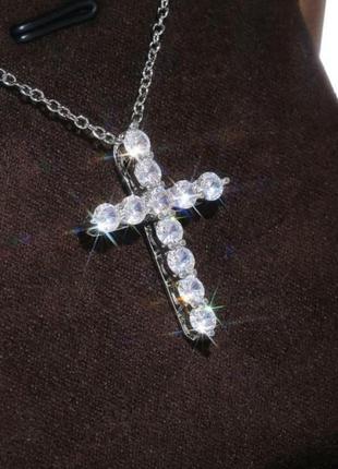 Подвеска крест в кристаллах серебо 925 покрытие крестик и цепочка7 фото