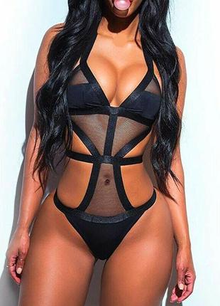 Эксклюзивный сексуальный черный тедди боди высочайшего качества на лентах ремешках "эшелон" 16903