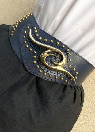 Кожаный винтажный широкий пояс с золотой фурнитурой франция
