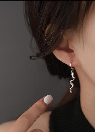 Сережки-кільця змійки, срібне покриття 925 проби