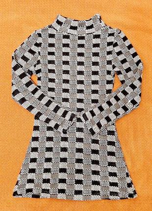 Тепле плаття на дівчинку 11-14рок трикотажне в клітинку чорна-біла-сіра р38  демі/зима сукня довні рукави