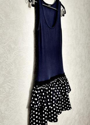 Sabra красивое платье синий верх трикотажный, чёрный низ белый горошек штапель на девочку 11-13лет3 фото