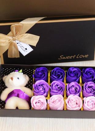 Подарочный набор с розами из мыла и плюшевым медведем,  ароматное мыло, розы из мыла1 фото