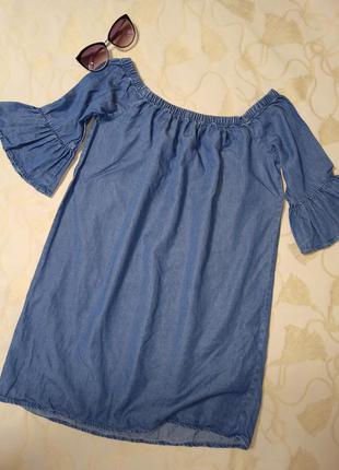Милая джинсовая блуза -туника из лиоцеля с открытыми плечами ,42-44разм.,new look denim.1 фото