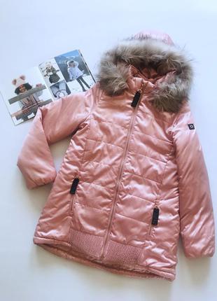 Стильная куртка пальто  - coccodrillo - нежный розовый с глянцем, мехом - зима, деми р152/1584 фото