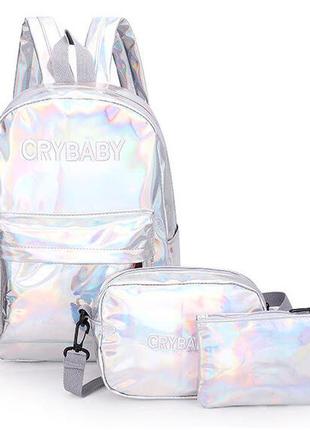 Модный голографический набор 3в1 рюкзак сумка клатч cry baby5 фото